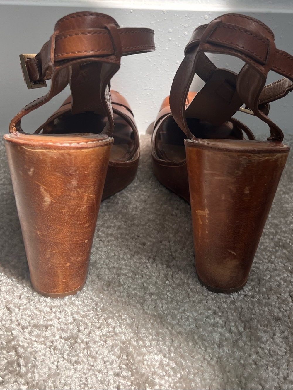 Tory Burch Brown Cognac Leather Wedge Sandals Wooden Heel Strappy Ankle Strap 9 - Picture 5 of 11